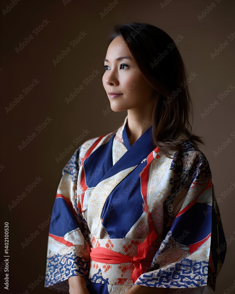 Fototapeta premium Elegant Woman in Traditional Kimono Posing Gracefully for Portrait