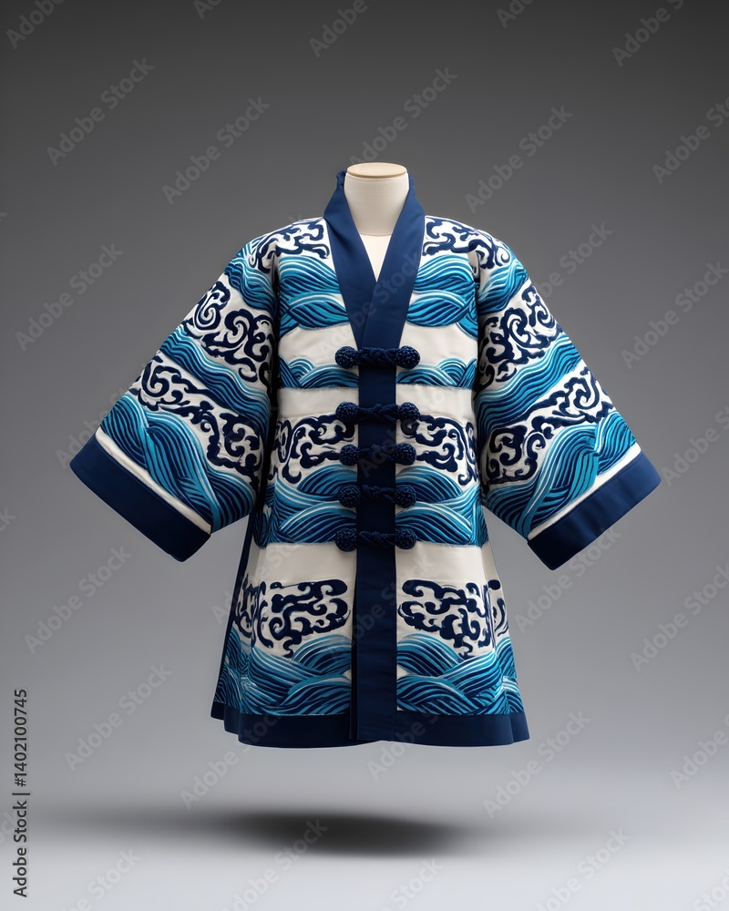 Traditional Blue and White Kimono with Wave Pattern Design Traditional Blue and White Kimono with Wave Pattern Design