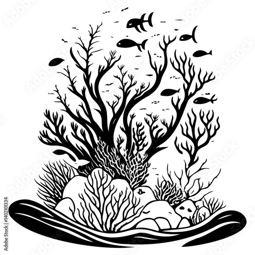 Graphic Underwater Ecosystem Black and White Style
