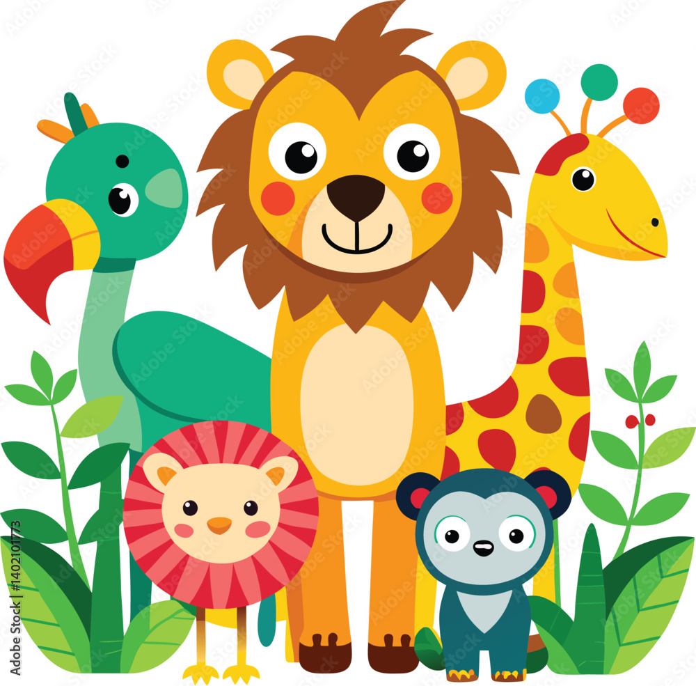 Naklejka premium Set of colorful cartoon jungle animals including lion, monkey, giraffe, and parrot
