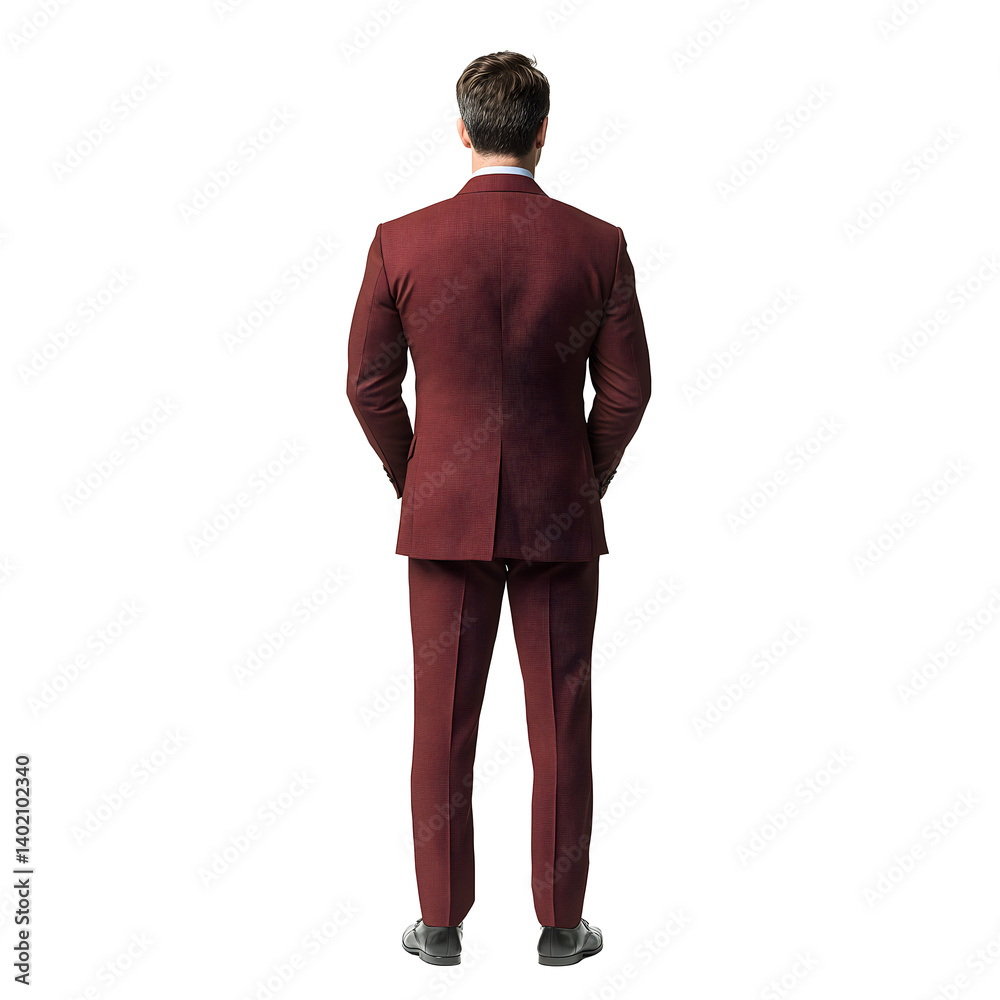 Fototapeta premium Full-body rear view of a male businessman wearing a reddish-brown suit. White background