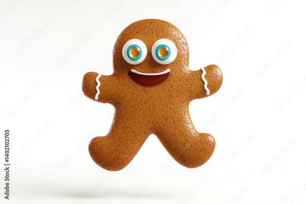 Obraz premium A cheerful gingerbread man cookie with big eyes and a wide smile, joyfully jumping.