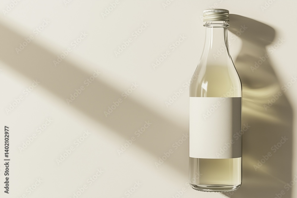 Fototapeta premium A minimalistic glass bottle with a blank label, filled with a pale liquid, placed against a neutral background with soft shadows