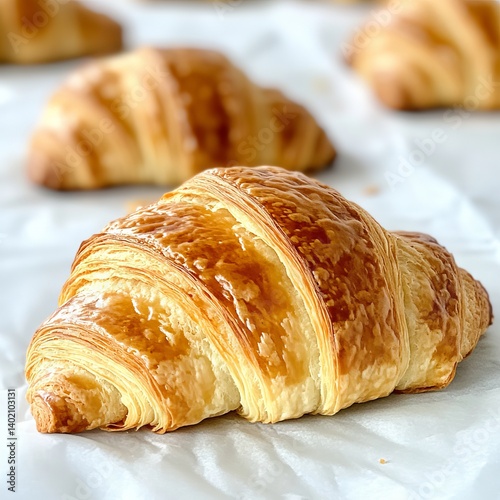 Fresh buttery croissants on white background,