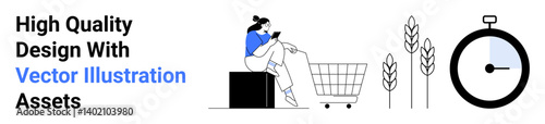Woman sitting on a box near an empty shopping cart, three wheat stalks, and a stopwatch. Ideal for e-commerce, agriculture, time management, online shopping, product marketing, FMCG flat landing