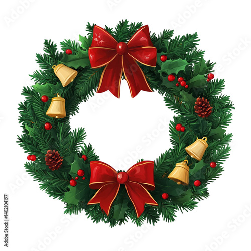 Wallpaper Mural Festive Christmas wreath adorned with red bows golden bells and pine cones joyful holiday decoration Torontodigital.ca