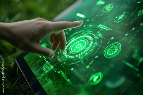 Futuristic interface with a hand interacting on holographic screen