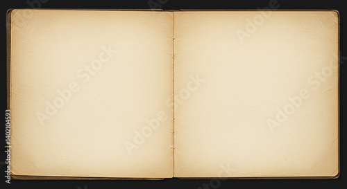 Vintage Open Book Pages, Aged Blank Paper Spread, Antique Journal Background, Old Notebook Template, Retro Empty Book Layout.
