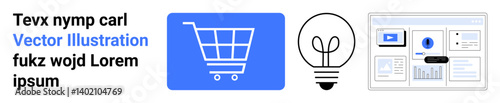 Shopping cart icon for e-commerce, lightbulb for ideas, web dashboard for analytics. Ideal for business, e-commerce, innovation, technology, data visualization, finance simple landing page