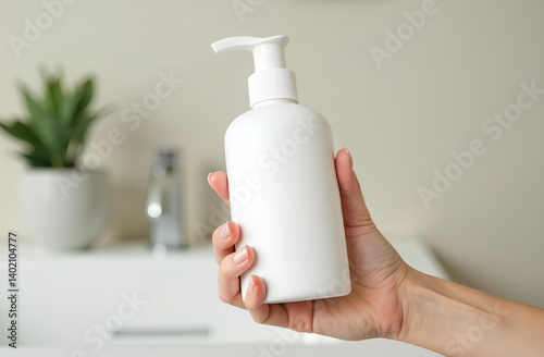 Mockup of white soap bottle in female hand on bathroom background