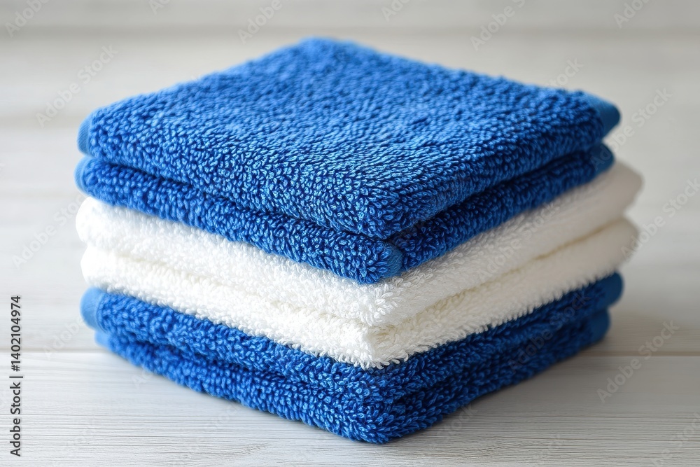 Stack of folded blue and white terrycloth towels on white wooden surface. Use this for bathroom, spa, or cleaning product marketing materials. Stack of folded blue and white terrycloth towels on white wooden surface. Use this for bathroom, spa, or cleaning product marketing materials.