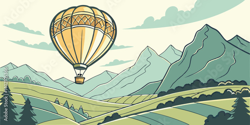 Balloon flies against the backdrop of a beautiful mountain landscape. Aerostat flies in the sky against the backdrop of high mountains and green fields. Hot air balloon vector illustration.
