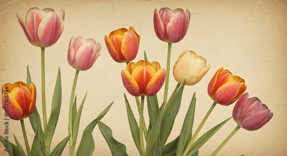 Obraz premium Vintage Tulip Garden Illustration with Aged Texture