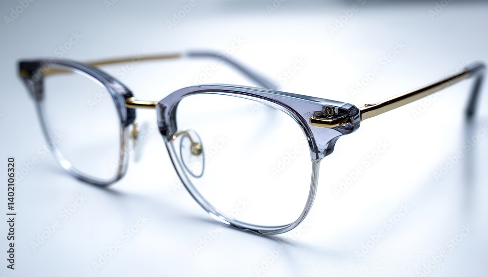 Close-up of stylish eyeglasses with transparent frames and gold accents on a white background. Close-up of stylish eyeglasses with transparent frames and gold accents on a white background.