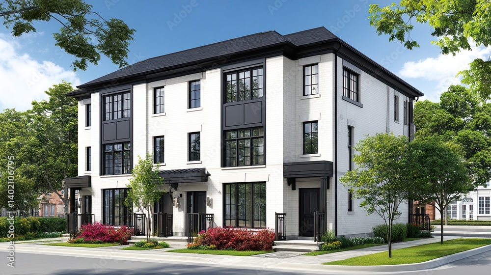Fototapeta premium Modern white brick townhouse with black trim displays a crisp architectural style for home builder web headers.