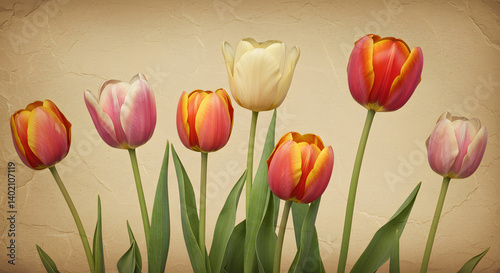 vintage tulips, retro floral background, antique flower illustration, tulip bouquet, aged paper texture, botanical print, nostalgic garden, spring flowers, retro wallpaper, classic floral art, old-fas