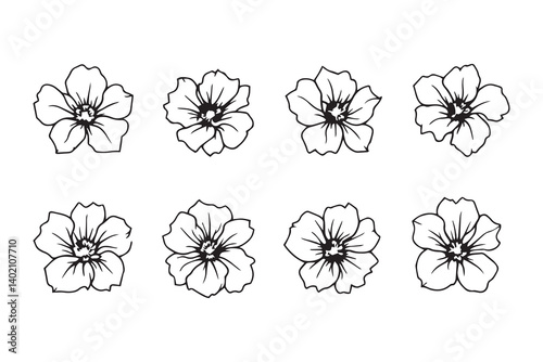 Set of 6 pec in two row  Begonia black line art on white background