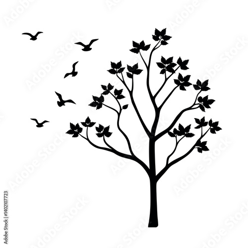 Black and White Silhouettes of a Tree and Birds Taking Flight