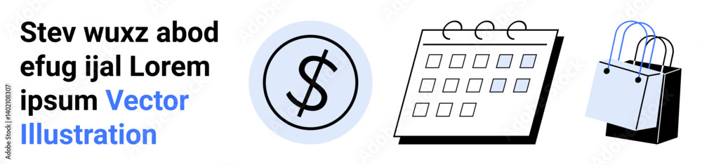 Dollar coin, calendar, and shopping bag represent budgeting, scheduling, shopping, and planning. Ideal for finance, e-commerce, retail sales time management marketing and saving concepts flat Dollar coin, calendar, and shopping bag represent budgeting, scheduling, shopping, and planning. Ideal for finance, e-commerce, retail sales time management marketing and saving concepts flat