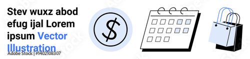 Dollar coin, calendar, and shopping bag represent budgeting, scheduling, shopping, and planning. Ideal for finance, e-commerce, retail sales time management marketing and saving concepts flat