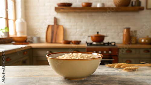 Wallpaper Mural rustic kitchen setting featuring bowl of rice on wooden table, with warm lighting and natural decor elements creating cozy atmosphere Torontodigital.ca