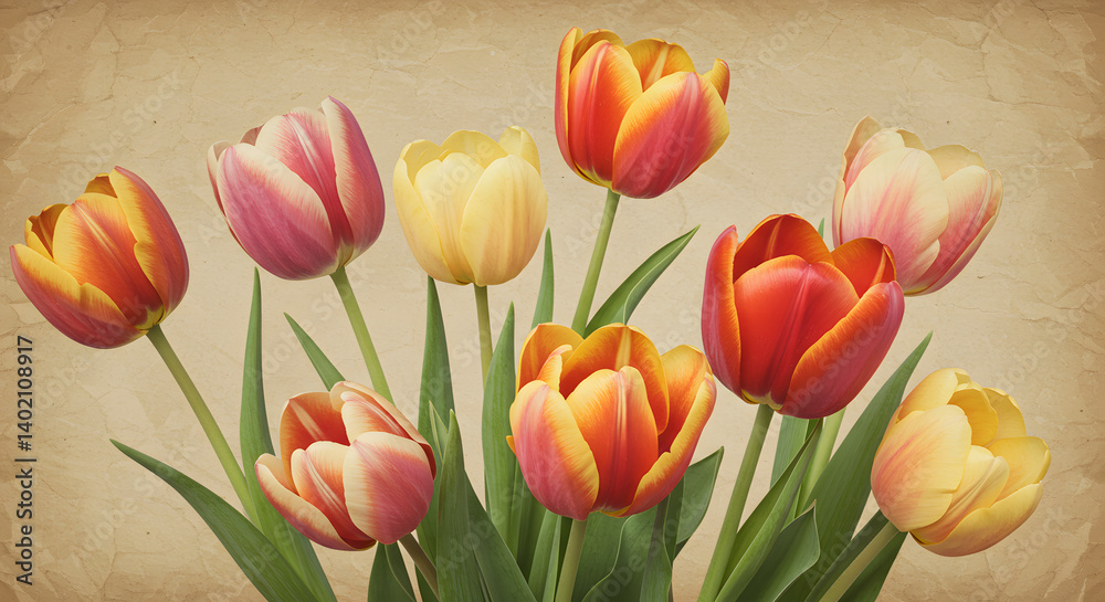 Obraz premium Vintage Tulip Garden Illustration with Aged Texture