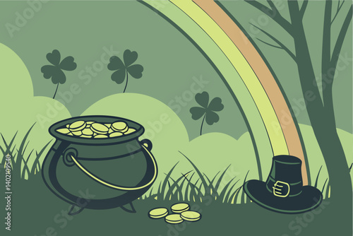 61 St. Patrick's Day, pot of gold, rainbow, leprechaun hat, shamrocks, golden coins, mystical green glow, misty background, magical atmosphere, Irish folklore, treasure, luck, emerald hues, fantasy co