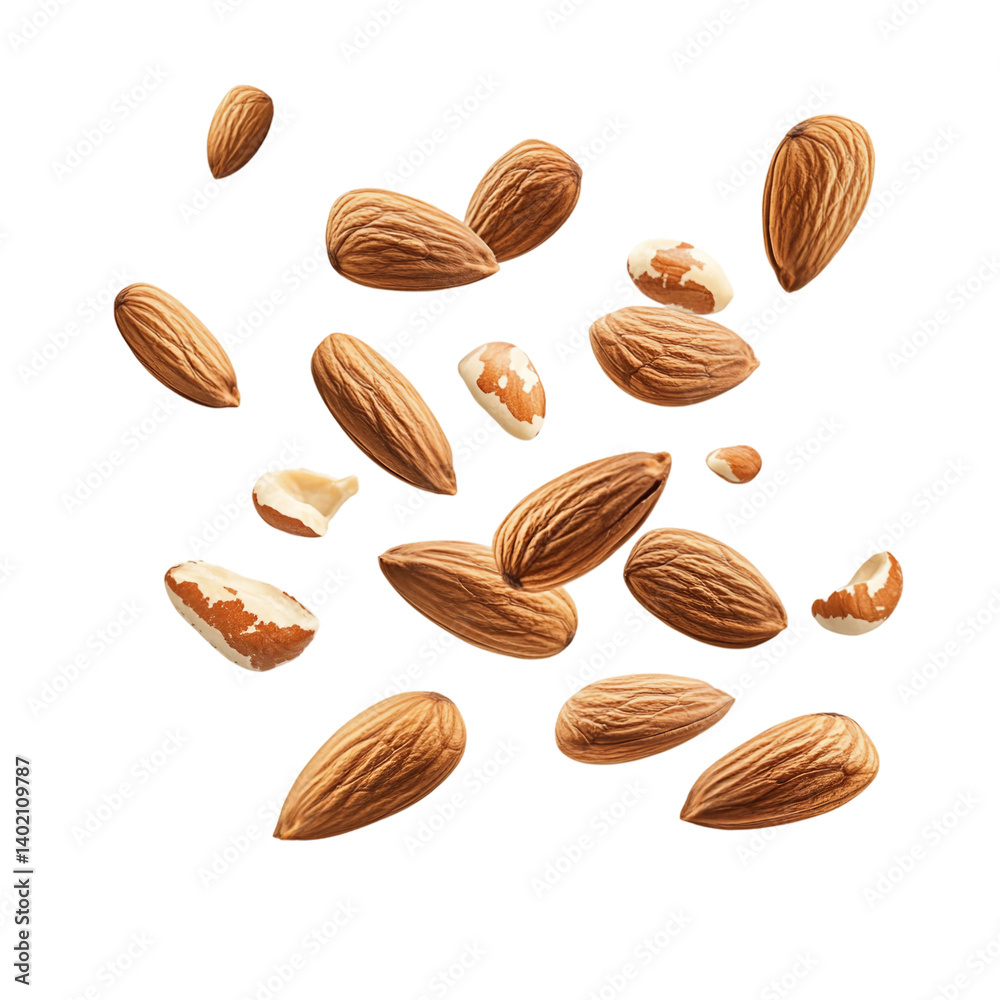  flying almonds isolated on transparent and white background