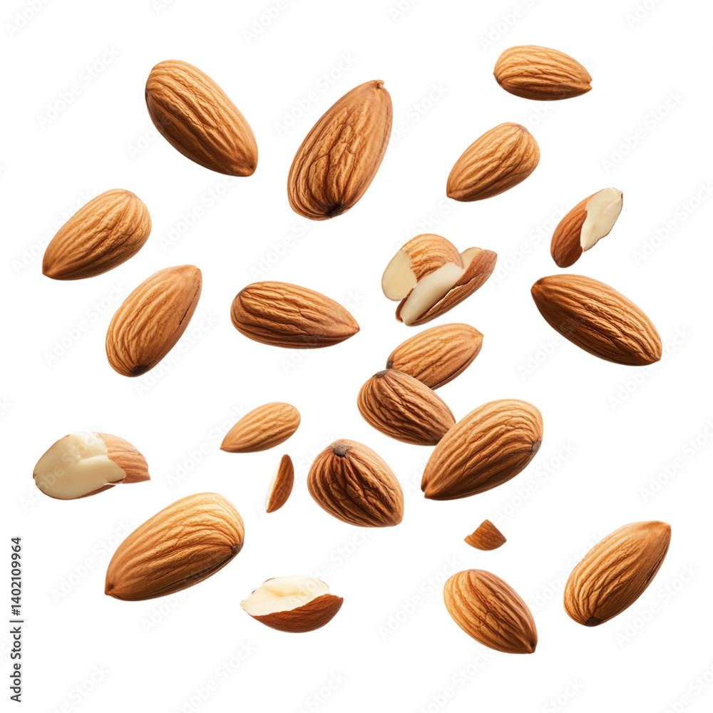 flying almonds isolated on transparent and white background flying almonds isolated on transparent and white background