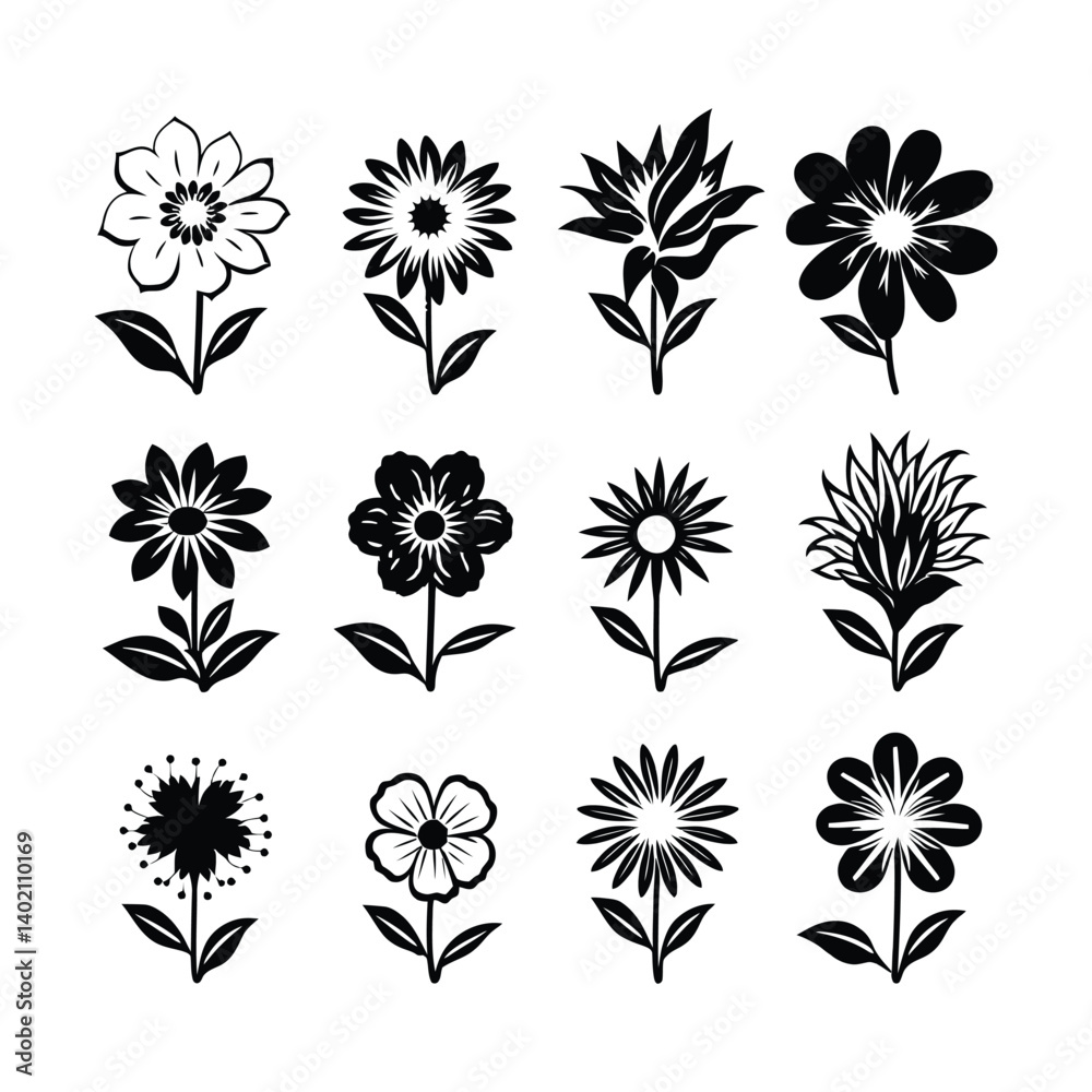 Flower Icon black silhouette set of simple minimal vector