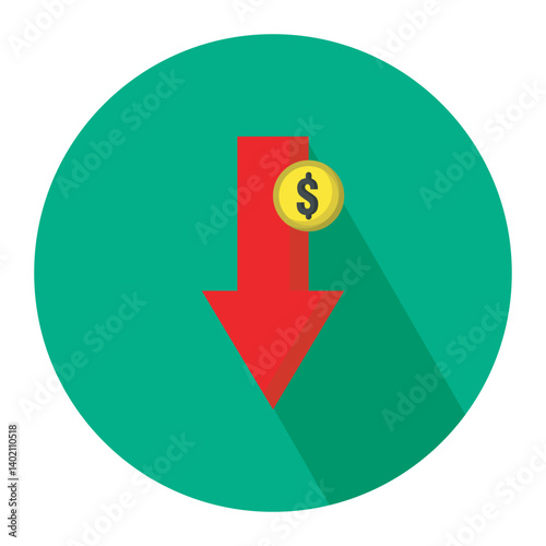 Coin and red arrow icon vector design, down bussiness, bankruptcy, and money recession icon vector design illustration. 