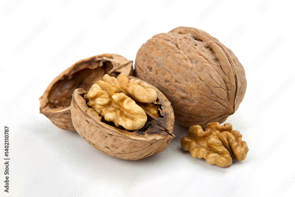 Walnuts in Shell and Opened on White Background Walnuts in Shell and Opened on White Background