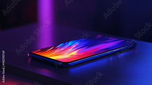 A modern smartphone resting on a surface with vibrant colorful display
