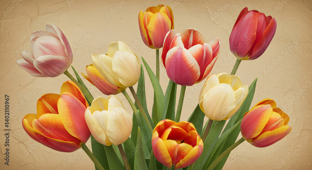 Fototapeta premium Vintage Tulip Garden Illustration with Aged Texture