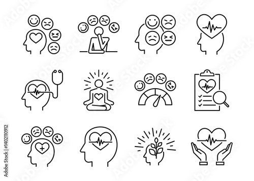 Mental health icon pack, representing psychology, emotion regulation, therapy, mental wellbeing, and self-care
