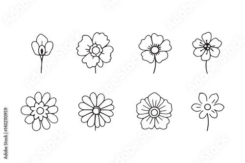 Set of 6 pec in two row  Bishop's Flower line art on white background