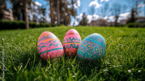 Three colorful easter eggs nestled in a grassy field.