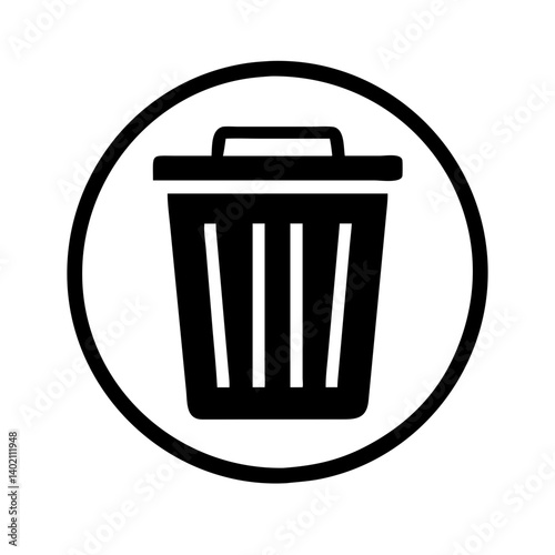 Trash Icon: A simple black and white illustration of a trash can with a lid, enclosed in a circle. This classic symbol is commonly used to represent deletion, removal.