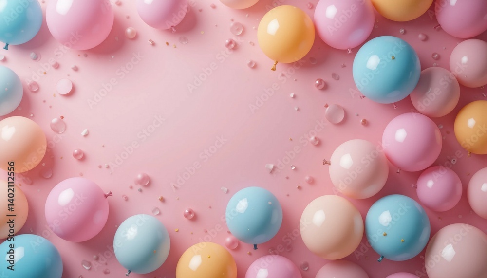 Pastel glossy balloons scattered across a soft backdrop with text space Pastel glossy balloons scattered across a soft backdrop with text space