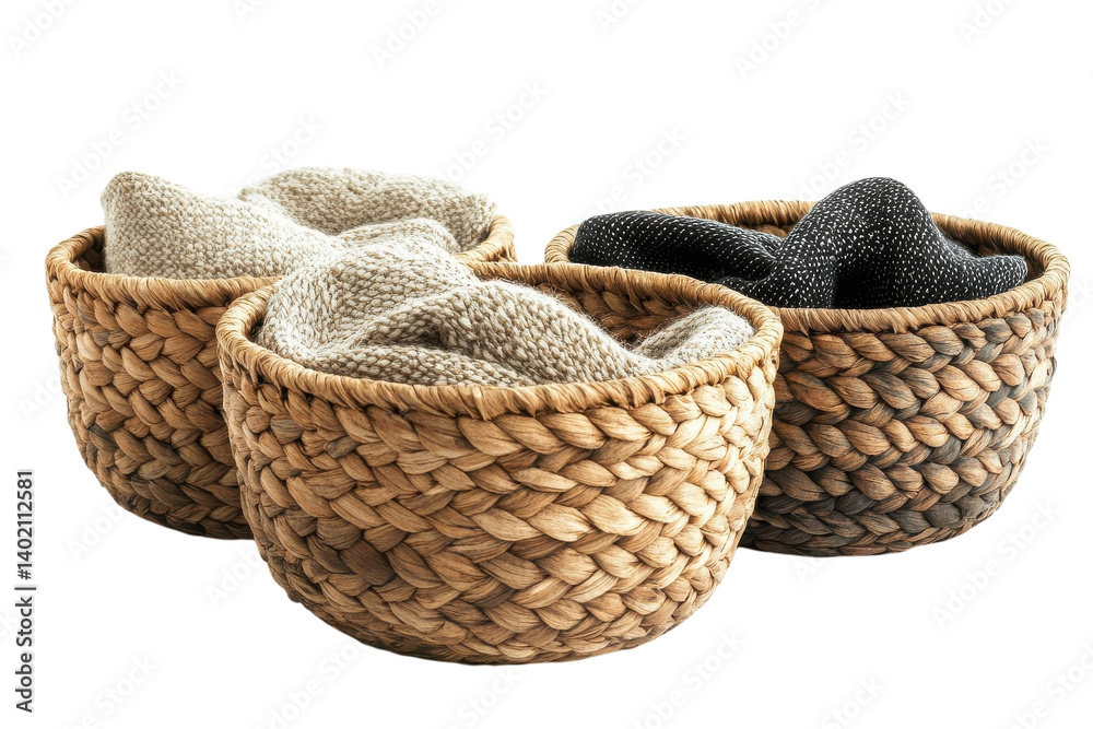 Obraz premium Cozy woven baskets filled with soft knitwear creating a warm and inviting home aesthetic with