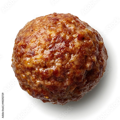 A classic American meatball with a browned exterior tender interior and rich beefy texture, isolated white background, hyperrealism art style