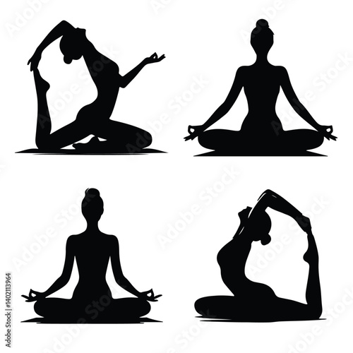 Black Silhouette of a Woman Doing Yoga in Different Poses, Relaxing Wellness Activity, Vector Art