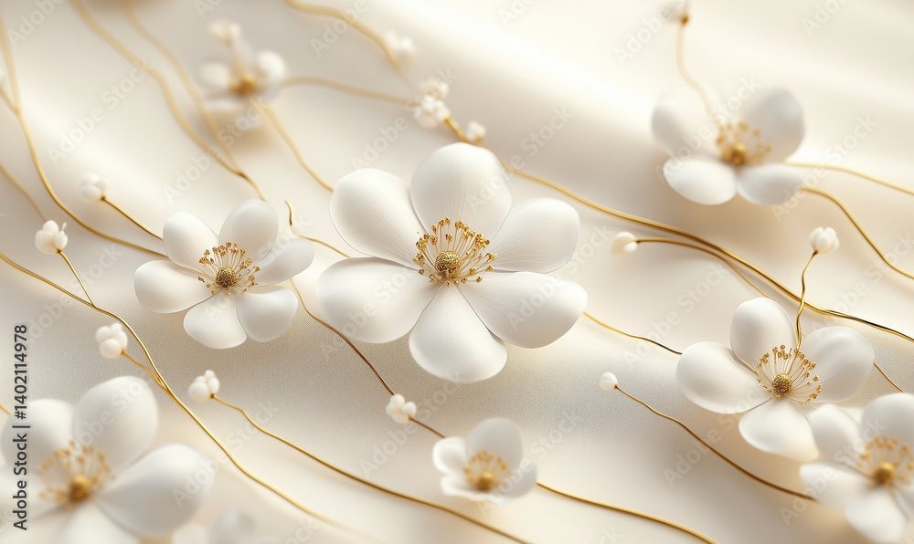 Obraz premium White and Golden Flowers, Elegant Floral Flowers, Elegance, Calmness, Beauty, Nature, Flower Background