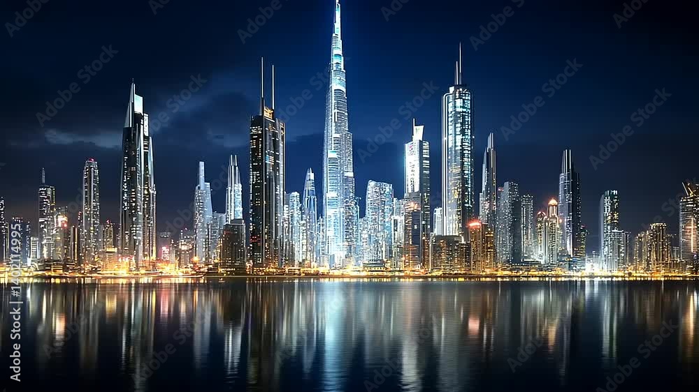Stunning night skyline of a modern city with illuminated skyscrapers reflecting in water Stunning night skyline of a modern city with illuminated skyscrapers reflecting in water