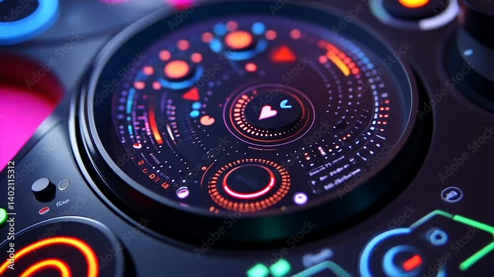 Futuristic music controller with vibrant, glowing interface