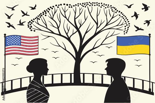65 Political divide, American and Ukrainian flags, human profiles, silhouettes facing each other, bridge of birds, tree canopies connecting, symbolic unity, surreal landscape, conceptual art, digital 