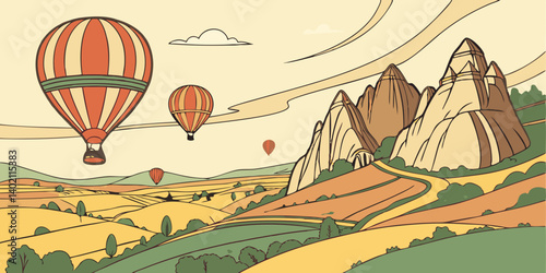 Cappadocia, Turkey. Colorful vector illustration of view of Cappadocia landscape. Turkish travel destination. Banner, card, poster design. Hot air balloons. National park with fairy rock chimneys.
