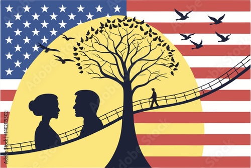 65 Political divide, American and Ukrainian flags, human profiles, silhouettes facing each other, bridge of birds, tree canopies connecting, symbolic unity, surreal landscape, conceptual art, digital 