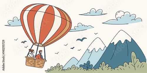 \Hot air balloon flight. Banner with people soaring and flying in basket in sky among clouds and mountains. Tourists travel on aerial ballon and observe natural landscapes. Flat vector illustration
