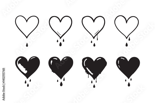 Set of 6 pec in two row  Bleeding Heart_ black line art on white background